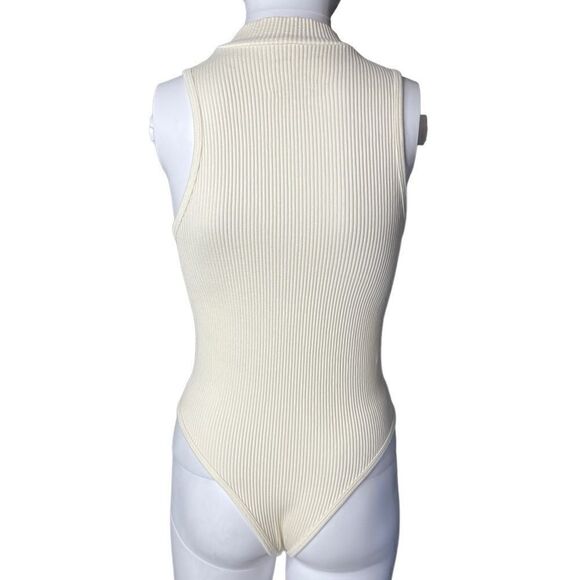 Pink Rose Ribbed Mock Neck Bodysuit Cream White XS Small - Picture 3 of 3